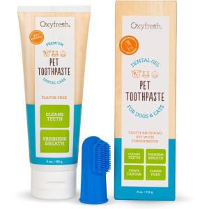 imageOxyfresh Premium Dog Toothpaste and Toothbrush  Best Dog Teeth Cleaning ampamp Pet Plaque and Tartar Fighter  Safe for Cats Too  Vet Formulated 4oz Pet Toothpaste  Large Finger BrushBest Seller  Brush